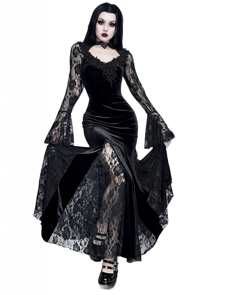 Fishtail Dress (black, velvet and lace, goth) (SG-1430)